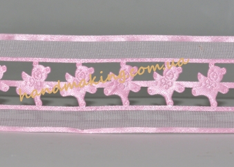 Тесьма тканевая с органзой 4см розовые мишки