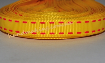 Лента репсовая 10мм желтая с крашеной красной строчкой