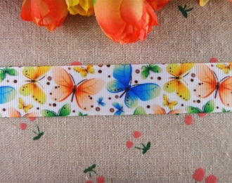 Лента репсовая 25мм белая с цветными бабочками