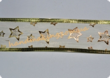 Лента из органзы 38мм золотистая со звездами (проволочные края)
