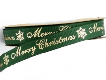 Лента репсовая 1 см Merry Christmas зеленая (золотая надпись)